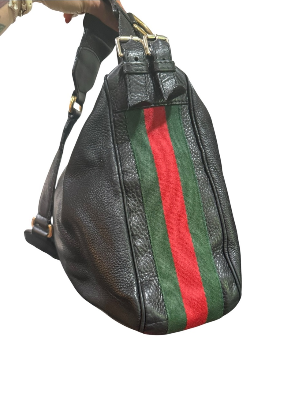 Vintage Gucci Black Pebbled Leather Web Stripe Hobo Shoulder Bag Italy Auth - Picture 4 of 17